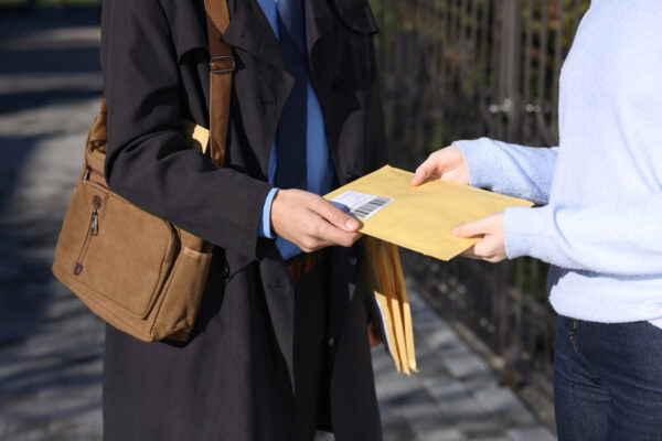 postman giving parcel to woman outdoors, closeup